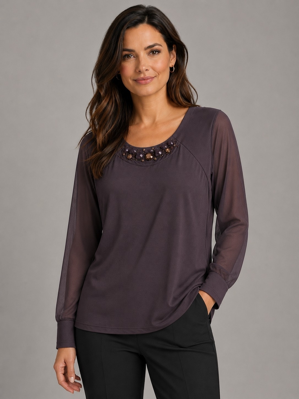 Panitti Embellished Scoop Neck Long-Sleeve Top - Deep Plum - NWT